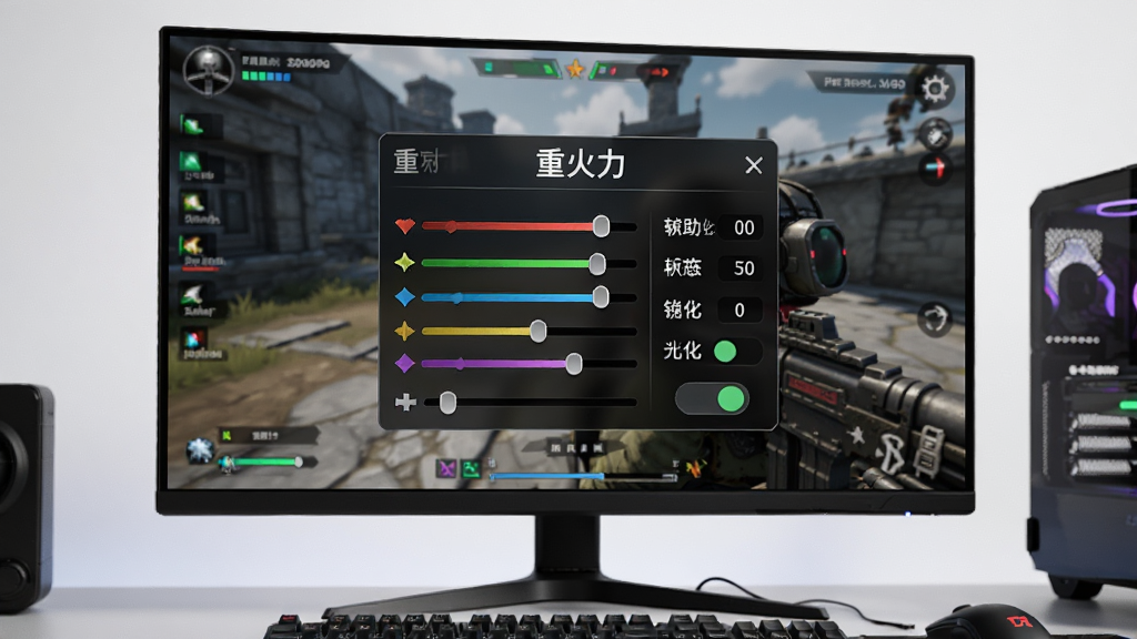 主体是一台电脑显示器正在运行游戏画面,画面中