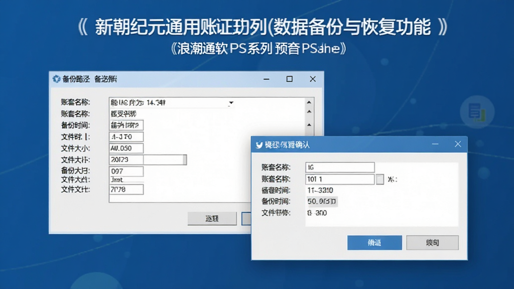 一张展示新纪元通用账证(浪潮通软PS系列)数据备份与恢复功能的预览图,画面中显示备份路径选择窗口与恢复确认对话框,包含账套名称、备份时间、文件大小等信息,界面风格简洁实用,画质干净,无多余元素