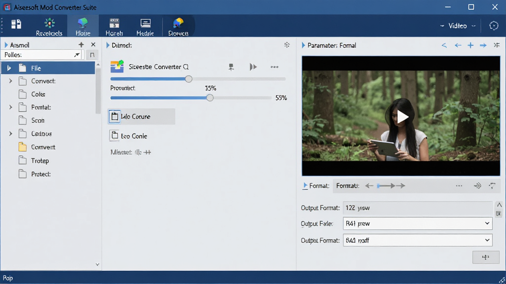 软件主界面全景展示,主体为 Aiseesoft Mod Converter Suite 的软件窗口,布局分为顶部功能导航栏、左侧文件列表区、右侧视频预览与参数设置面板,界面风格简洁现代,配色以深蓝与浅灰为主,屏幕中显示正在转换的视频进度条与格式选项,细节包括按钮图标、进度百分比、输出格式下拉菜单,画质清晰,干净整洁,无多余元素