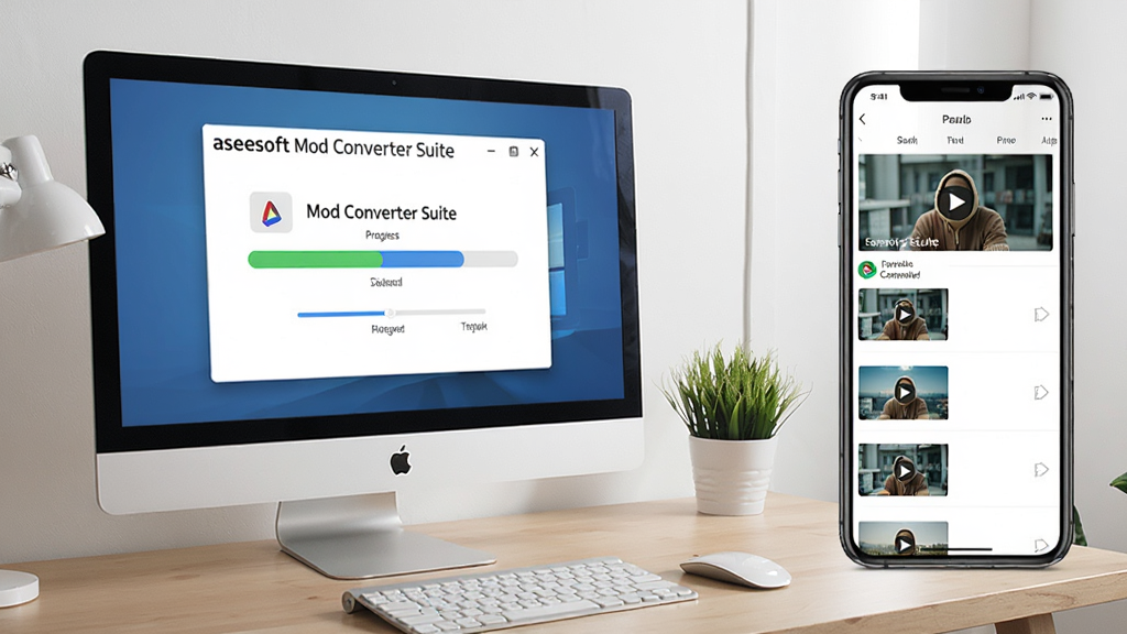 Aiseesoft Mod Converter Suite 在电脑与手机双端同步使用的场景图,左侧为电脑屏幕显示转换进度,右侧为手机屏幕显示已转换完成的视频列表,背景为简洁桌面,风格生活化,画质清晰,干净无多余元素