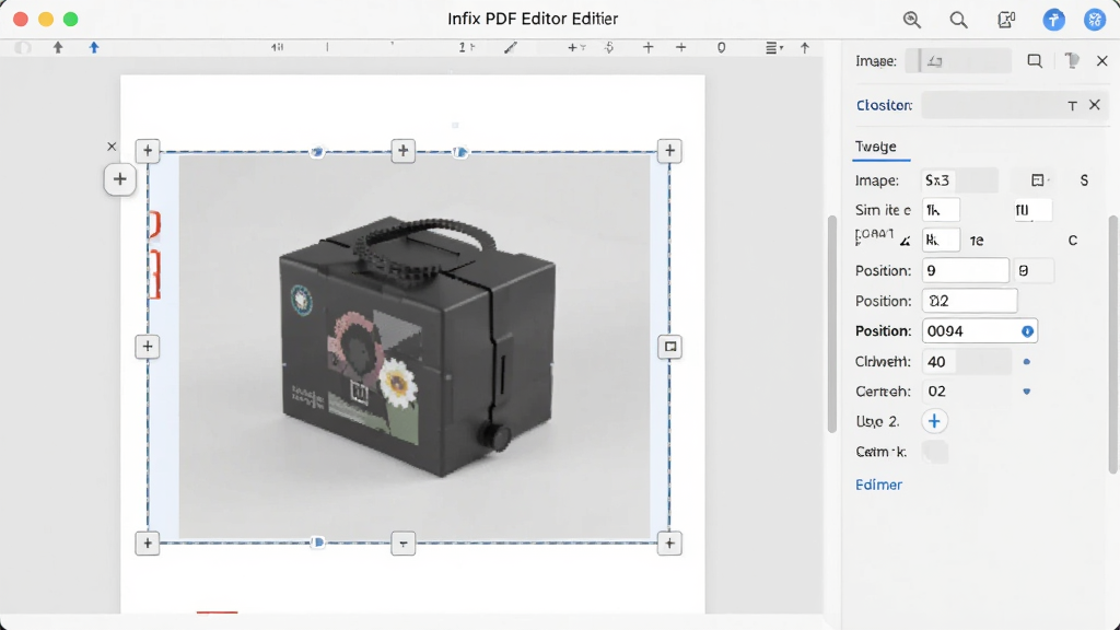一张 Infix PDF Editor 图片编辑功能展示图,画面中 PDF 页面内有一张产品图片被选中,周围出现缩放控制点,右侧属性面板显示图片尺寸与位置参数,界面为浅灰色调,布局干净整洁,高分辨率