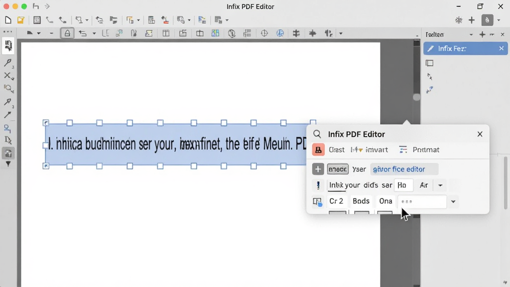 一张 Infix PDF Editor 文字编辑功能的特写图,画面中 PDF 文档上有一段文字被选中,弹出浮动编辑工具栏,光标正在修改句子,字体样式保持与原文档一致,背景为软件操作界面,风格简洁专业,画质清晰,无多余元素