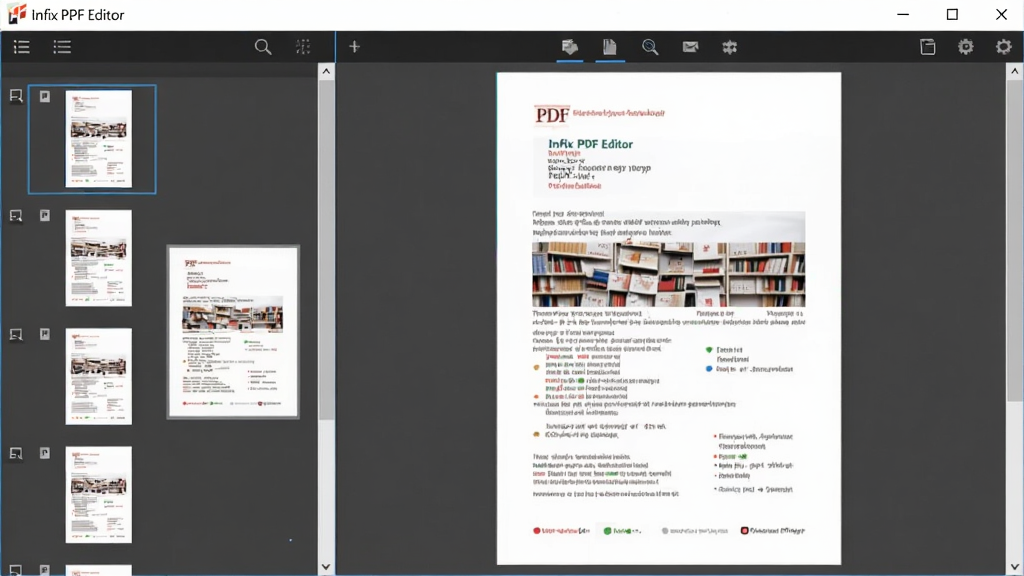 一张 Infix PDF Editor 页面管理功能的界面图,画面左侧为 PDF 页面缩略图列表,用户正在拖动其中一页调整顺序,右侧主编辑区显示当前页面内容,软件名“Infix PDF Editor”显示在标题栏,整体风格清爽,画质细腻,无杂乱元素