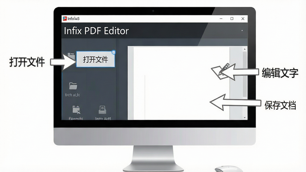一张 Infix PDF Editor 新手操作示意图,画面中电脑屏幕上显示软件界面,旁边有标注箭头指向“打开文件”“编辑文字”“保存文档”等关键按钮,界面风格简洁,软件名“Infix PDF Editor”清晰可见,画面干净,高清画质