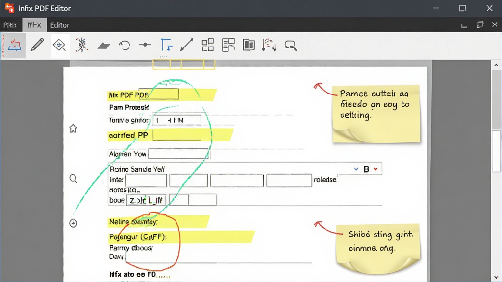 一张 Infix PDF Editor 表单与批注功能的界面图,画面中 PDF 表单内已填写部分内容,页面上有黄色高亮标记和便签注释,工具栏显示批注工具选项,界面整洁,软件名称“Infix PDF Editor”位于窗口顶部,画质清晰