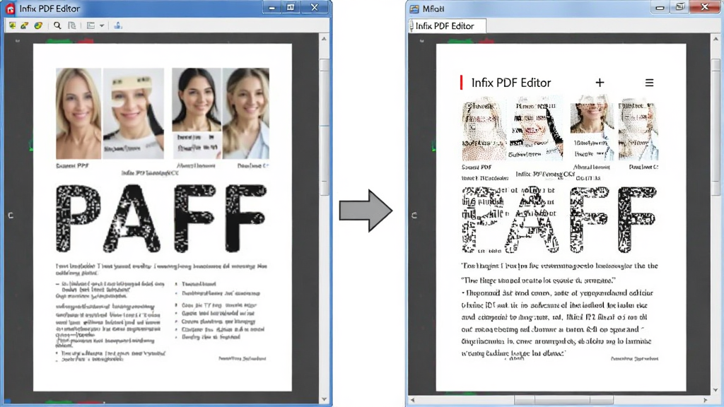 一张 Infix PDF Editor OCR 识别功能的示意图,画面中左侧为扫描版 PDF 页面,右侧为识别后生成的可编辑文本窗口,中间有转换箭头连接,软件界面清晰展示“Infix PDF Editor”字样,风格商务简洁,高清画质