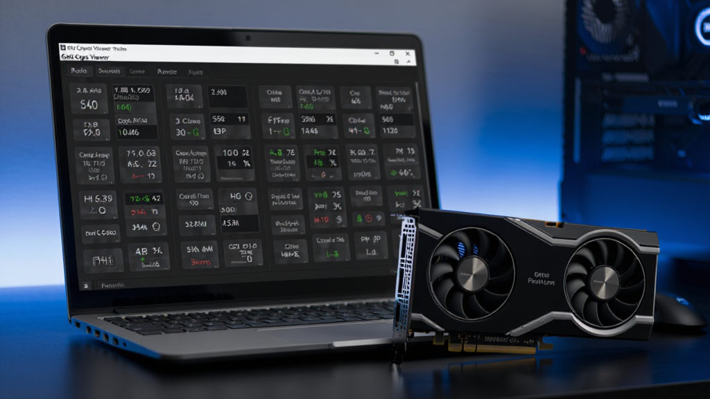 一台打开的笔记本电脑旁边放置着一块独立显卡,屏幕上显示着GPU Caps Viewer软件界面,界面中排列着显卡型号、核心频率、显存大小等数据卡片,背景是整洁的科技风格桌面,蓝黑色调为主,画面干净,没有多余元素,高清画质