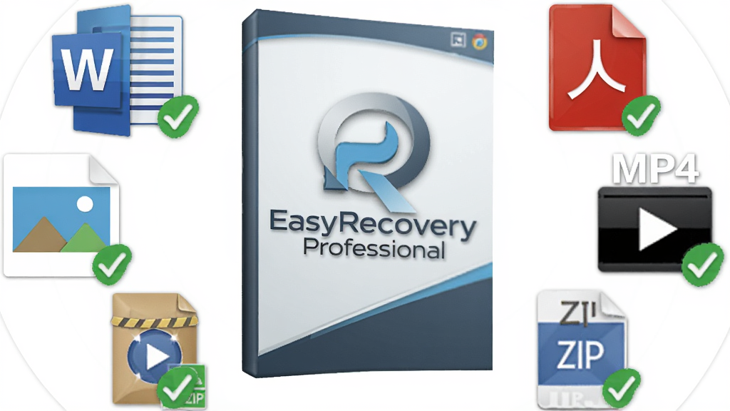 一张 EasyRecovery Professional 格式兼容性宣传图,主体为软件LOGO与环绕的多种文件格式图标,布局采用圆形环绕式排版,风格为简洁商务扁平风,细节包含 Word 蓝色图标、PDF 红色图标、JPG 图片图标、MP4 视频图标、ZIP 压缩包图标并有绿色对勾标记,画质高清,画面干净,无多余元素
