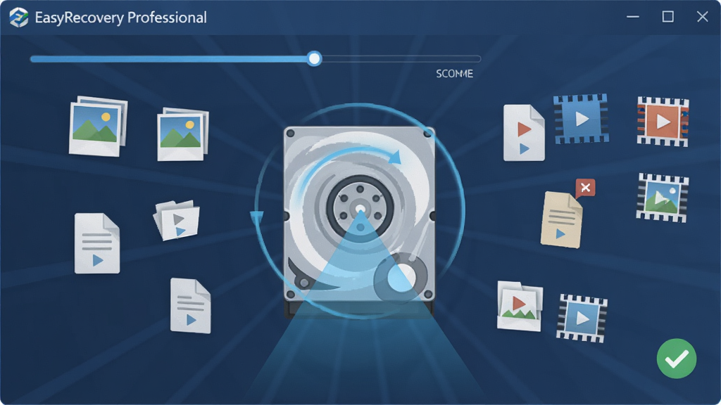 一张展现 EasyRecovery Professional 软件界面的概念图,主体为深蓝色调的磁盘扫描可视化画面,中央是旋转的硬盘扫描光束,周围漂浮着照片、文档、视频等多种文件格式图标,布局采用中心放射式构图,排版简洁现代,风格为科技感扁平插画,细节包含进度条、文件缩略图与绿色恢复成功对勾,画质高清,画面干净,无多余元素