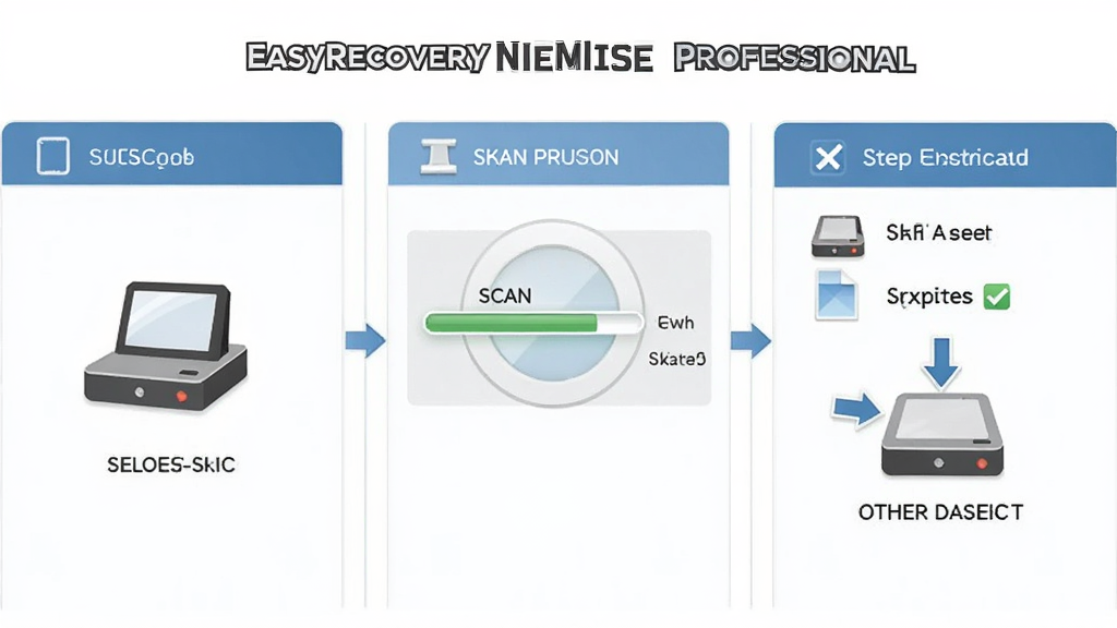 一张 EasyRecovery Professional 新手操作流程图,主体为三步操作引导画面,布局为从左到右三栏式排版,风格为简洁扁平教程插画,细节包含第一步选择磁盘图标、第二步扫描进度条、第三步勾选文件并保存到其他磁盘的箭头示意,画质高清,画面干净,无多余元素