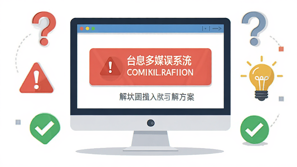 数游多媒体信息发布系统新手避坑指南示意图,主体为一台电脑屏幕显示错误提示与解决方案,布局为屏幕居中周围环绕问号与灯泡图标,排版简洁,风格为扁平插画风,细节上加入红色警示三角与绿色对勾标识,画质高清,干净,无多余元素
