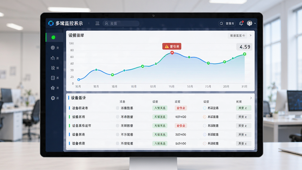 数游多媒体信息发布系统终端状态监控功能展示,主体为一块数据看板,布局为上方折线图下方设备列表,排版清晰,风格为数据可视化风,细节上加入绿色在线指示灯与红色告警标识,画质高清,干净,无多余元素