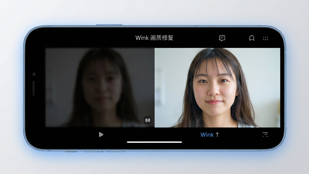 一张展示Wink软件界面全貌的科技感图片,主体是一部智能手机屏幕,屏幕内显示Wink视频画质修复界面,左侧是模糊暗淡的原视频画面,右侧经过Wink修复后变得清晰明亮色彩鲜艳,布局采用左右对比构图,排版简洁直观,风格为现代极简科技风,细节上手机边缘有柔和的蓝色光晕,背景是干净的浅灰色渐变,画质4K超清,干净无多余元素