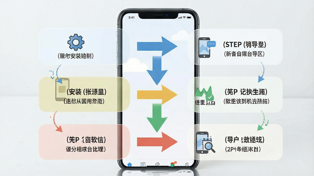 一张展示Wink软件新手操作步骤的示意图,主体是手机屏幕显示从安装到导出的流程箭头,布局为纵向流程图排列,排版上每个步骤配有小图标和简短文字说明,风格为扁平化信息图风格,细节上颜色区分不同操作阶段,画质2K高清,干净无多余元素