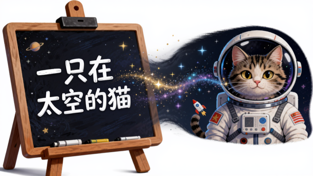 展示AI魔盒图像生成功能的插画,主体是一个画板,画板上从文字“一只在太空的猫”逐渐变幻出一只穿着宇航服的猫的图案。布局采用从左到右的渐变过程。风格为创意插画,细节上文字和图像之间有星光粒子连接,画质高清,干净,无多余元素。