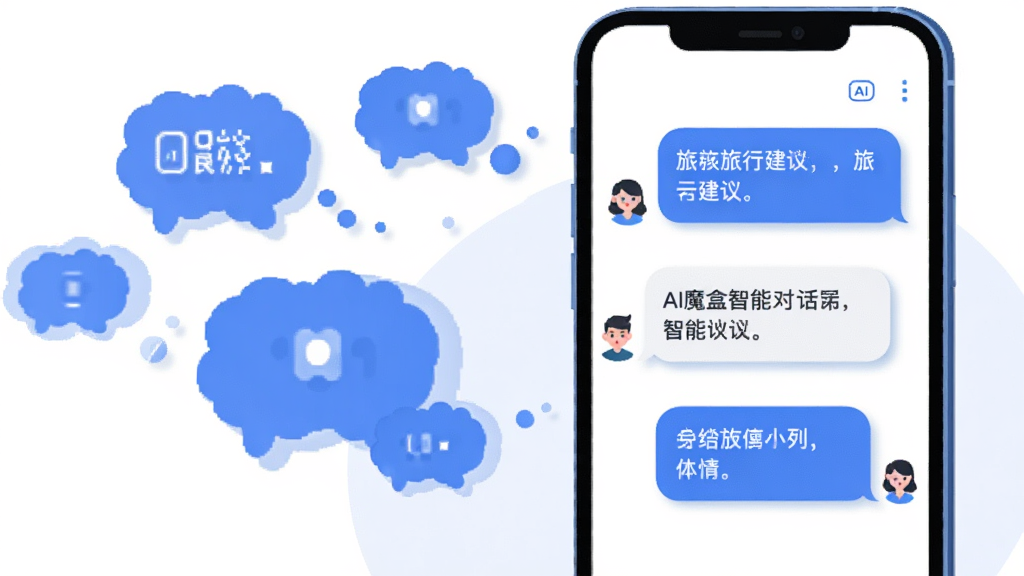 展示AI魔盒智能对话功能的场景图,主体是一个手机屏幕,屏幕内显示着用户与AI的对话气泡,对话内容关于旅行建议。布局上手机位于画面右侧,左侧有一些漂浮的抽象思维气泡。风格为扁平化插画,细节上对话气泡有柔和的阴影,整体色调为蓝白相间,画质清晰,干净,无多余元素。