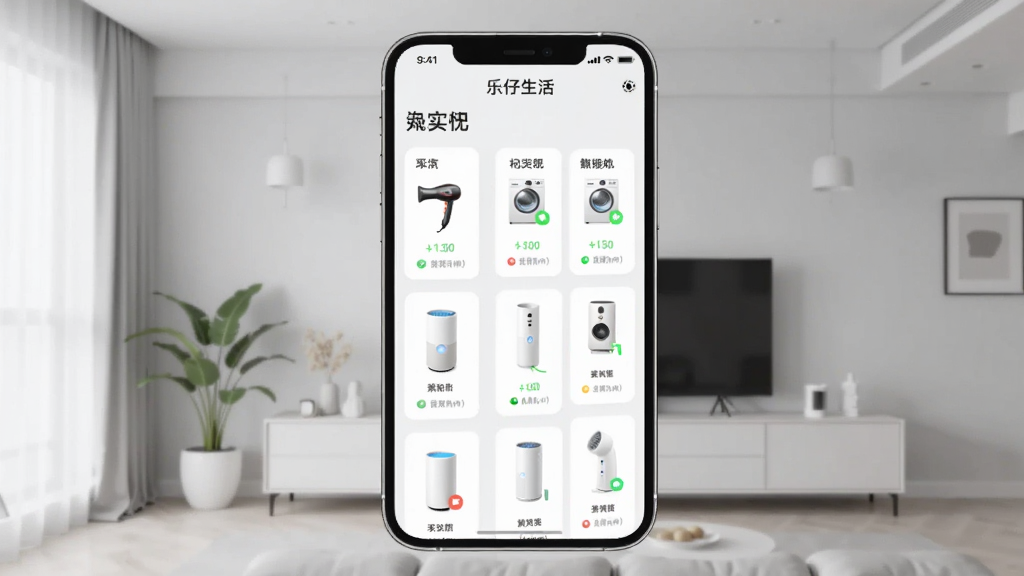 一部手机屏幕中展示“乐仔生活”应用的多设备管理面板,面板上整齐排列着吹风机、洗衣机、空气净化器等设备卡片,每个卡片上显示设备名称和运行状态,背景为浅灰色家居环境,风格简洁现代,画质清晰,干净无杂乱元素