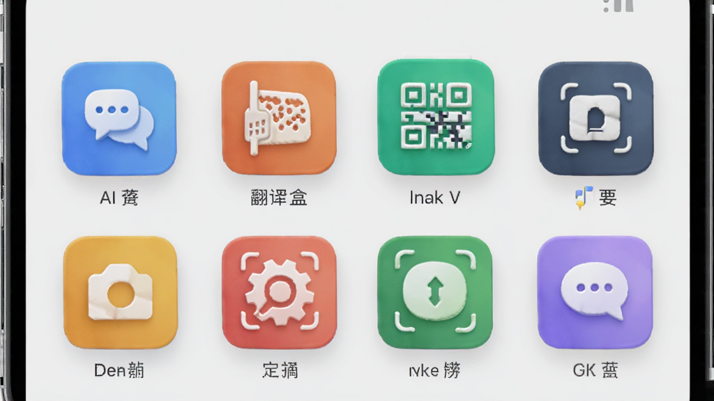 展示AI魔盒实用工具集合的界面图,主体是一个手机应用界面,界面上有多个工具图标整齐排列,包括翻译、摘要、二维码等图标。布局采用网格状排列。风格为现代UI设计,细节上图标有轻微的立体感,背景为浅灰色,画质清晰,干净,无多余元素。