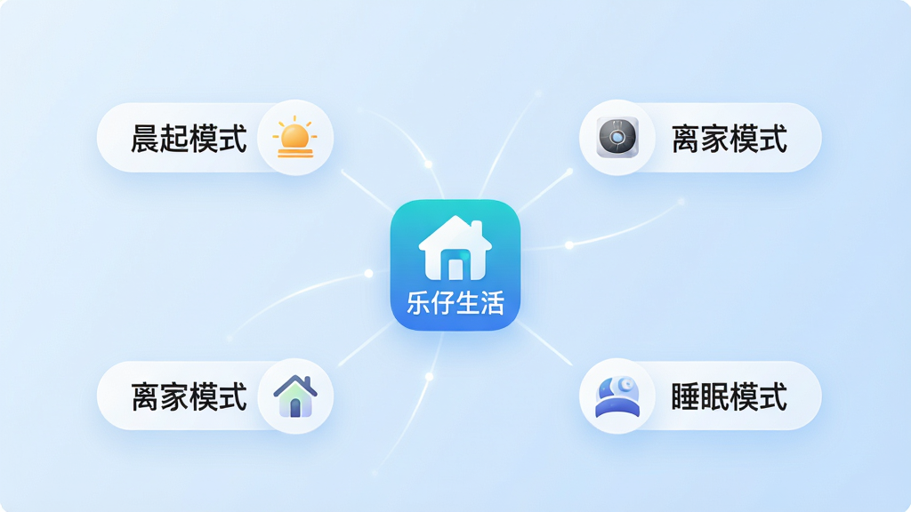 一张展示智能场景联动的示意图,画面中央是“乐仔生活”应用图标,四周辐射出多个场景标签如“晨起模式”“离家模式”“睡眠模式”,每个标签旁配有对应的家电小图标,背景为淡蓝色渐变,风格简约科技感,布局清晰,画质干净,无多余元素