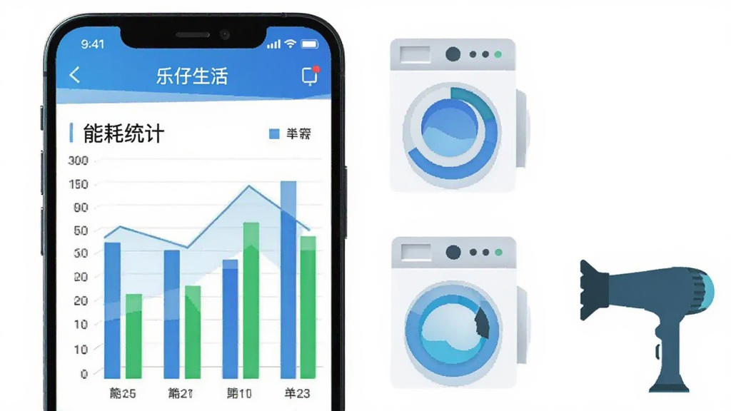 一幅以数据统计为主题的图片,画面中一部手机显示“乐仔生活”能耗统计图表,包括柱状图和环形图,图表颜色以蓝色和绿色为主,手机旁边有洗衣机和吹风机的简化图标,背景为白色,整体风格商务简洁,画质清晰锐利,无杂乱元素