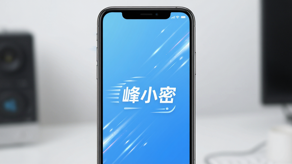 峰小密轻量快速运行展示,手机屏幕显示软件启动画面,带有速度线条与“峰小密”字样,背景为浅蓝色,主体为手机与启动界面,布局居中,排版动感,风格轻快流畅,细节包含速度线与软件标志,画质高清,干净,无多余元素