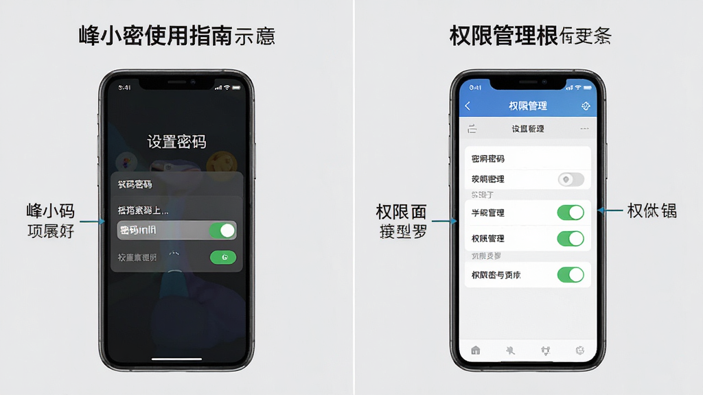 峰小密使用指南示意图,手机屏幕显示设置密码界面与权限管理界面,背景为浅灰色,主体为手机与操作步骤标注,布局左右分栏,排版清晰,风格教程指南,细节包含密码输入框与权限开关,画质高清,干净,无多余元素