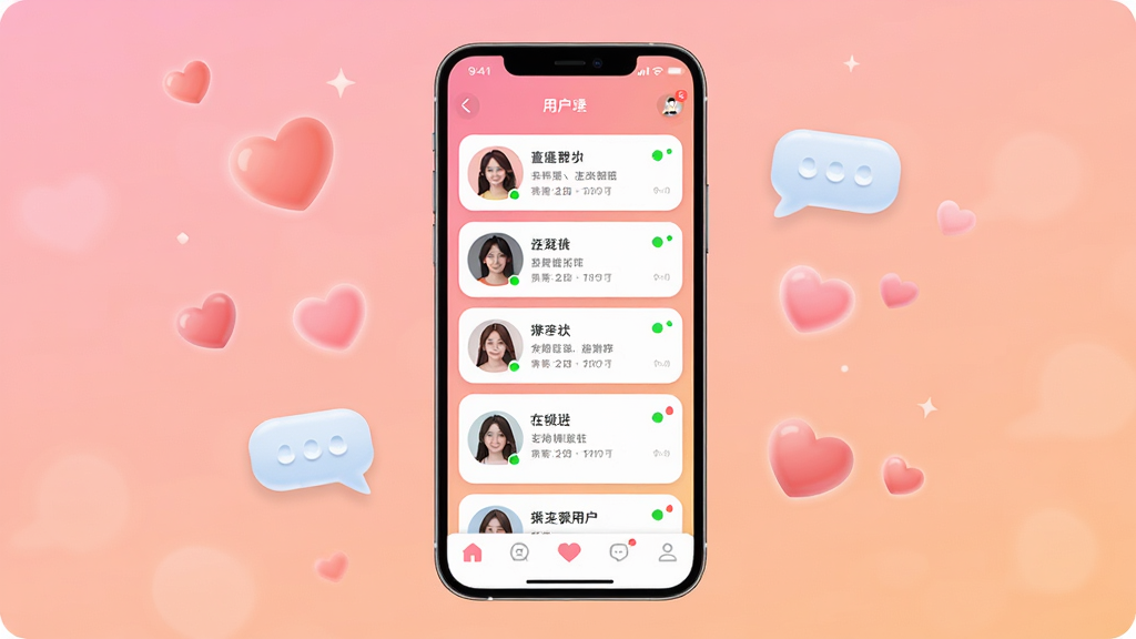 ͬ�������������棬�ֻ���Ļ����չʾ����Ļ����ʾ�����û���Ƭ�б��͵ײ�����������������͵ķ۳Ƚ���ɫ����ΧƯ����������������Ԫ�أ����岼�ּ��Գƣ��������������ϸ�ڰ���ͷ��Բ�ǡ�����״̬С�̵㡢��Ϣ�Ǳ꣬���ʸ��壬�ɾ����޶���Ԫ��
