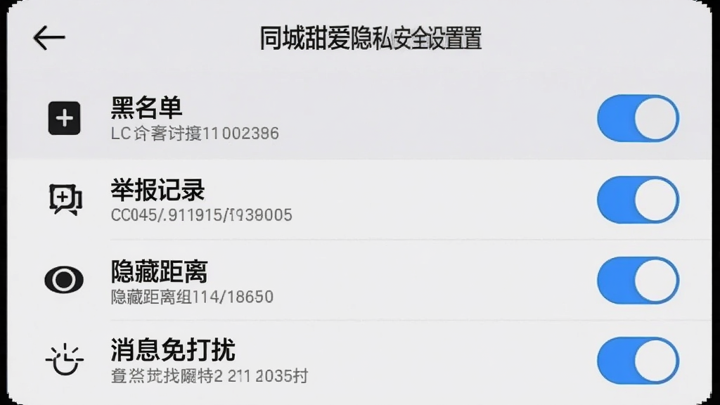 ͬ������˽��ȫ����ҳ�棬�ֻ���Ļ��ʾ���ò˵��б����������������ٱ���¼�����ؾ��롢��Ϣ����ŵ�ѡ�ÿ������ͼ��Ϳ��ذ�ť������Ϊǳ��ɫ�������з��ؼ�ͷ�������ʵ�ã�ϸ�ڰ���ѡ�и���״̬��˵�����֣����ʸ��壬�ɾ����޶���Ԫ��