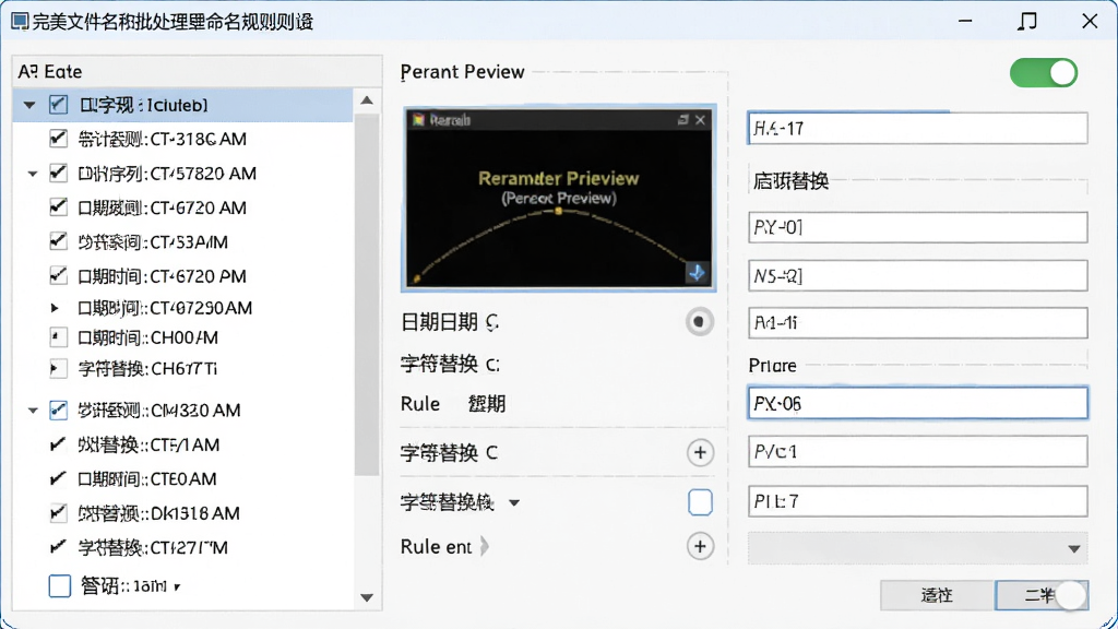 一张展示完美文件名批处理器命名规则设置界面的图片,主体为规则编辑面板,布局为左侧规则列表、右侧参数设置区,排版清晰展示数字序列、日期时间、字符替换等选项,风格为专业工具软件风格,细节包括实时预览窗口、规则启用开关、参数输入框,画质清晰,干净,无多余元素