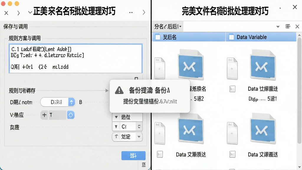一张展示完美文件名批处理器使用技巧的图片,主体为软件设置界面与文件列表,布局为左右分栏,左侧显示规则方案保存与调用,右侧显示文件改名前后对比,排版清晰,风格为教程演示风格,细节包括正则表达式输入框、日期变量选择器、备份提醒弹窗,画质清晰,干净,无多余元素