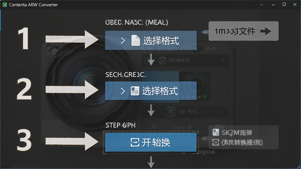 一张展示Contenta ARW Converter新手操作步骤的图片,主体是软件界面中标注了1、2、3步骤引导的截图,布局为从上到下依次为导入文件、选择格式、开始转换,排版清晰直观,风格为教程类配图,细节包括箭头指示、文字标注和高亮按钮,画质高清,干净,无多余元素
