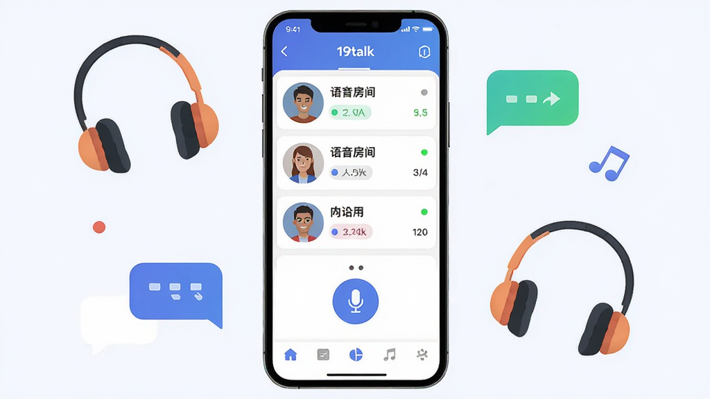 19talk语音社交软件界面展示,主体为一部智能手机屏幕,屏幕内呈现多人语音房间列表与麦克风图标,布局居中,周围环绕耳机、聊天气泡、音符等社交元素,排版干净整齐,风格为现代扁平化科技风,细节包括房间人数标签、在线状态圆点、底部导航栏,画质高清,画面干净,无多余元素