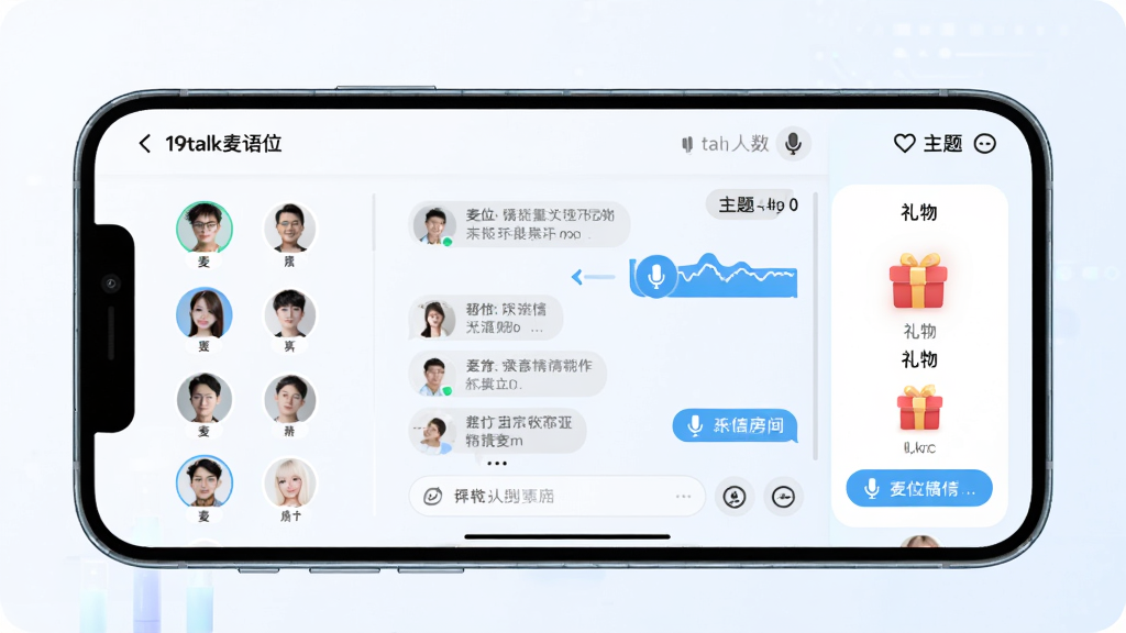 19talk多人语音房间功能展示,主体为手机横屏界面,布局左侧为麦位头像排列,右侧为聊天文字区与礼物面板,排版对称,风格清新浅色科技风,细节包含麦克风波动条、房间人数、主题标签,画质高清,画面干净,无多余元素