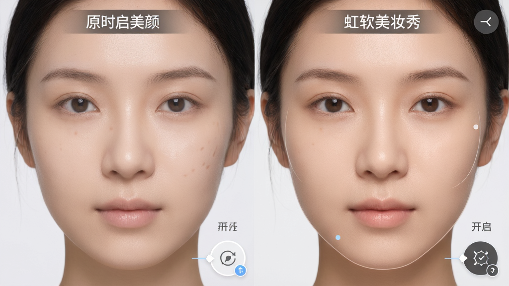 一张虹软美妆秀实时美颜功能演示图,主体为人物面部特写,画面左侧为未开启美颜的原图,右侧为开启虹软美妆秀后的效果图,布局采用左右对比排版,风格为写实摄影加UI标注,细节包括面部肤色提亮、瑕疵淡化、轮廓微调,画质高清,干净,无多余元素