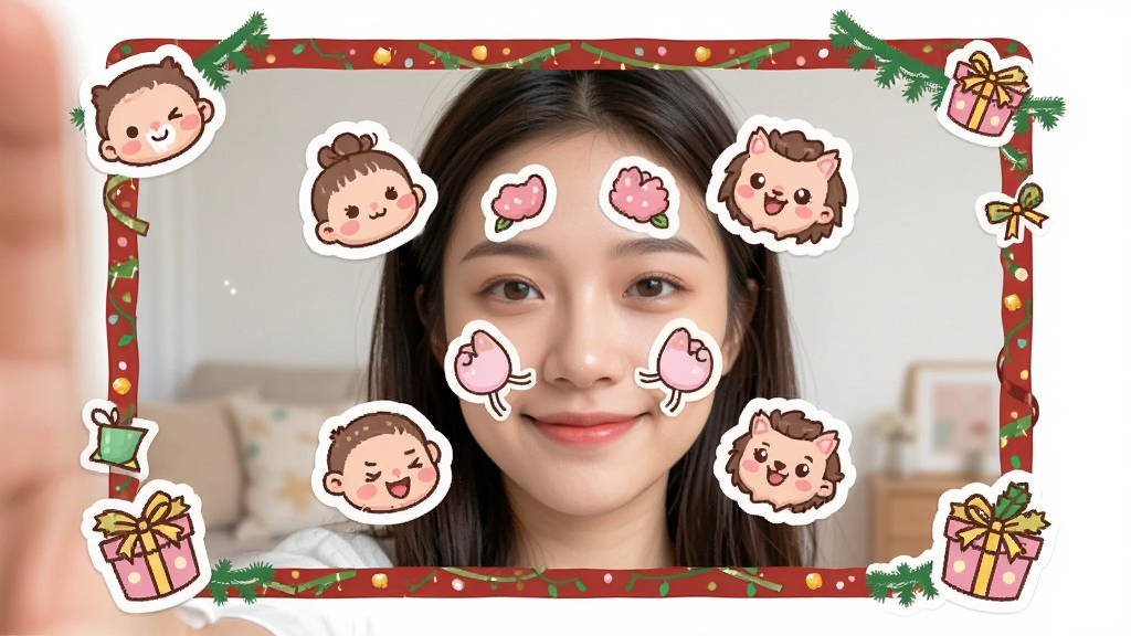 一张虹软美妆秀贴纸装饰功能示意图,主体为人物自拍画面,画面中人物面部周围添加了可爱的卡通贴纸与节日边框,布局为居中人物加四周装饰元素环绕,风格为活泼可爱风,细节包括贴纸边缘清晰、色彩鲜艳、与人物融合自然,画质高清,干净,无多余元素