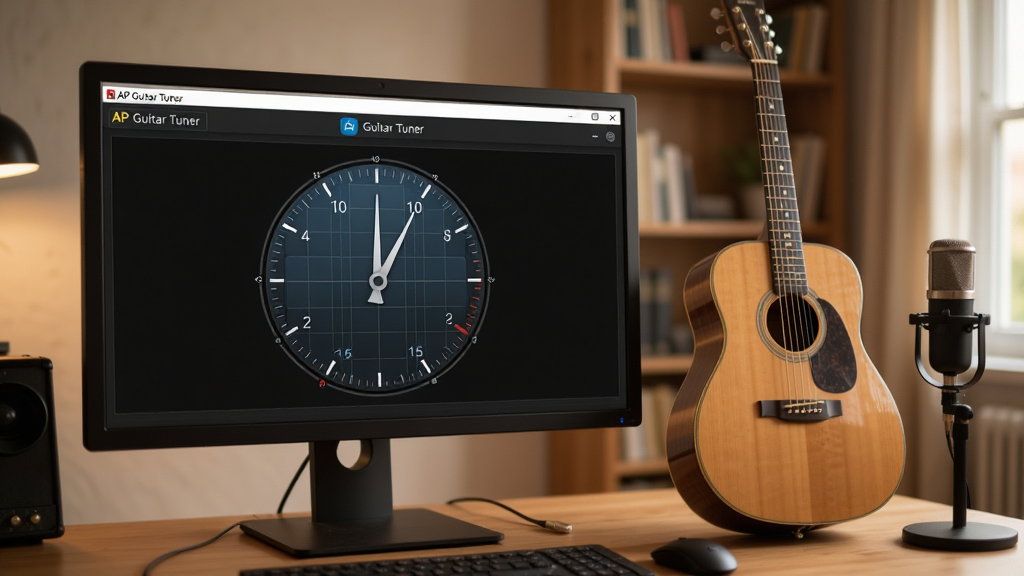 一个电脑桌面场景,主体为显示器上打开着AP Guitar Tuner软件界面,旁边放着一把木吉他,桌面上有麦克风,背景为温馨的书房环境,风格写实,细节上屏幕显示调音表盘指针居中,画质清晰,干净,无多余元素
