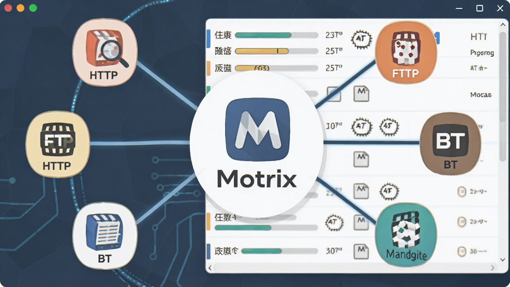 画面展示一个软件界面截图风格的插画,中心是 Motrix 图标和文字标识,四周环绕着 HTTP、FTP、BT、磁力链等协议图标,用连接线汇聚到中央的任务列表,布局采用居中放射状排版,风格扁平化科技感,细节包括进度条、速度数值和文件图标,画质清晰,干净,无多余元素
