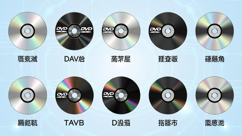 一张展示网吧刻录系统多格式支持功能的图片,画面中排列着CD、DVD等多种光盘图标,每个图标下方标注对应格式名称,背景是淡蓝色科技感渐变,风格简洁商务,细节清晰,画质高清,干净无多余元素