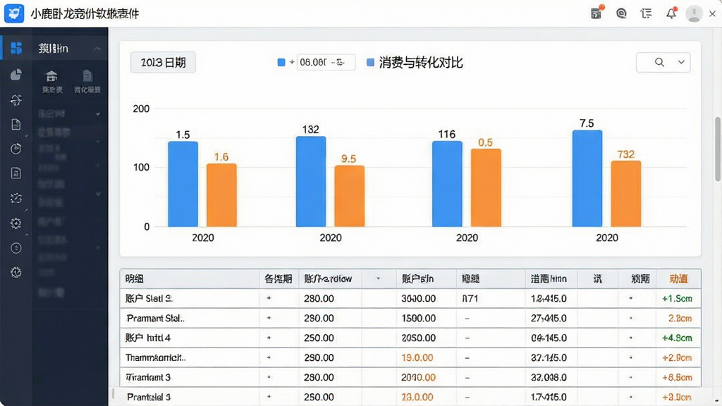 一张展示小鹿卧龙推广竞价软件数据报表分析界面的图片,画面主体为软件窗口中的柱状图与数据表格,柱状图展示不同日期的消费与转化对比,表格列出各账户的核心指标,布局为上下结构,上方为图表区,下方为明细表,风格为清爽数据可视化风,细节上柱体颜色为蓝橙配色,表格边框纤细,画质高清,干净,无多余元素