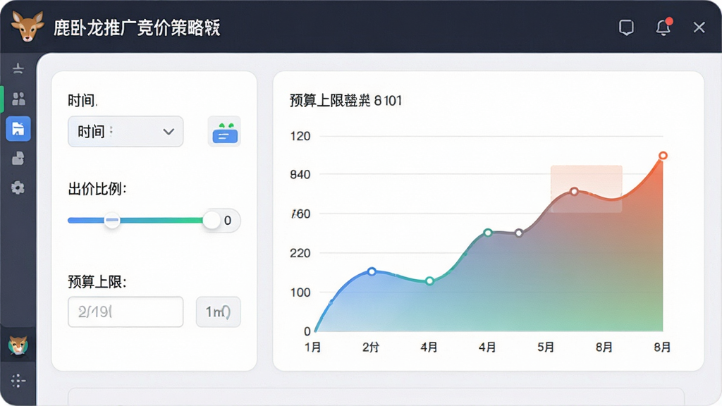 一张展示小鹿卧龙推广竞价软件自动出价策略设置界面的图片,画面主体为软件窗口中的参数设置面板与折线图,面板内包含时间选择、出价比例滑块、预算上限输入框等控件,布局为左中右三列结构,风格为现代扁平化设计,细节上折线图带有渐变填充,控件边缘圆润,画质高清,干净,无多余元素