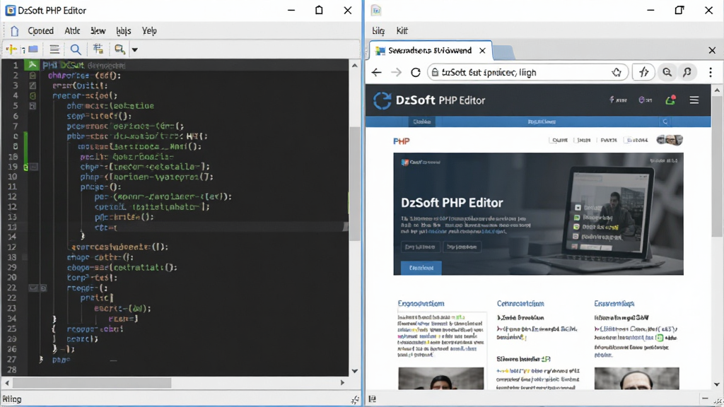 DzSoft PHP Editor软件界面展示,主体为左侧代码编辑器与右侧内置浏览器预览窗口并排显示,布局为分屏模式,排版中左侧显示PHP源码、右侧显示网页渲染效果,风格为现代开发工具界面风格,细节包括预览窗口中的网页内容、地址栏、刷新按钮,画质清晰,画面干净,无多余元素