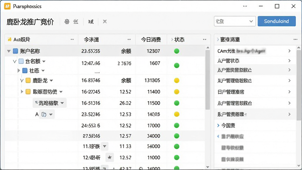 一张展示小鹿卧龙推广竞价软件多账户管理界面的图片,画面主体为软件窗口中的账户列表与状态指示灯,列表内包含账户名称、余额、今日消费、状态等列,布局为左侧账户树与右侧详情面板,风格为简约管理后台风,细节上状态指示灯为绿色与黄色圆点,账户树带有展开箭头,画质清晰,干净,无多余元素