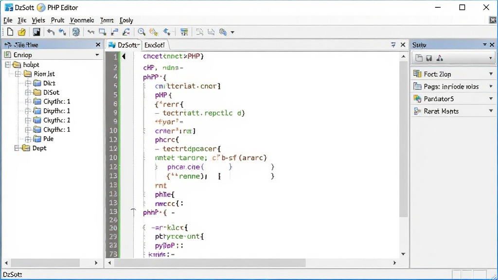一个简洁明亮的软件界面截图,主体为DzSoft PHP Editor编辑器窗口,布局为左侧文件目录树、中间代码编辑区显示彩色高亮的PHP代码、右侧功能面板,排版整齐清晰,风格为现代Windows桌面应用风格,细节包括菜单栏、工具栏图标、代码行号、语法着色,画质清晰锐利,画面干净,无多余元素