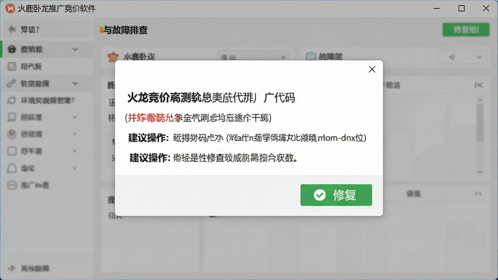 一张展示小鹿卧龙推广竞价软件运行环境检测与故障排查界面的图片,画面主体为软件窗口中的错误提示弹窗与修复按钮,弹窗内包含错误代码与建议操作,布局为居中弹窗覆盖在软件主界面之上,风格为友好提示风,细节上按钮带有绿色修复图标,背景为浅灰色,画质清晰,干净,无多余元素
