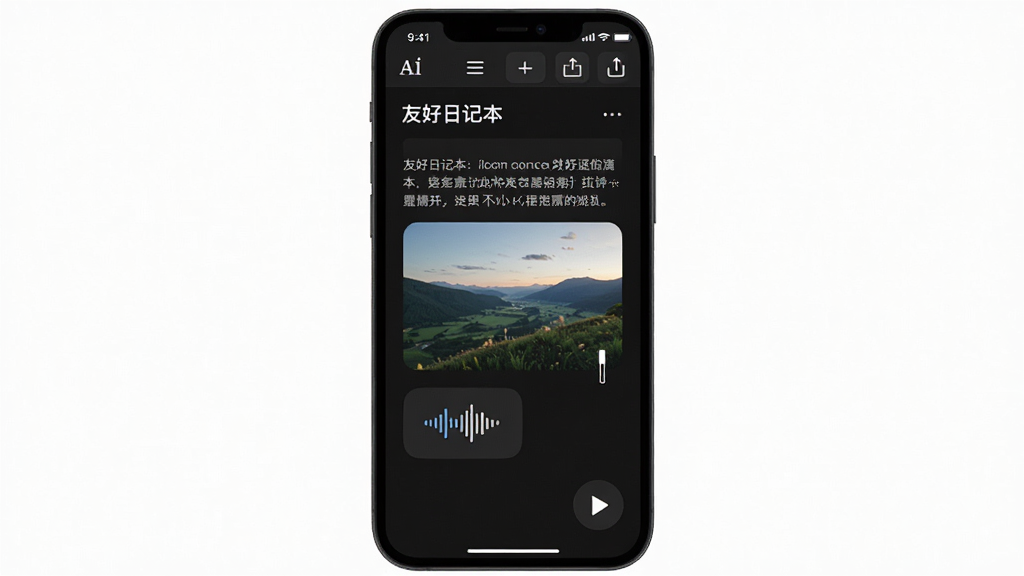 手机屏幕显示“友好日记本”的编辑界面,文字段落中嵌入了一张风景照片和一个语音波形图标,顶部工具栏有字体、对齐、插入按钮,背景为深色夜间模式,布局为竖版手机界面,风格为极简暗黑风,细节包括光标位置、图片圆角和语音播放按钮,画质高清干净,无多余元素