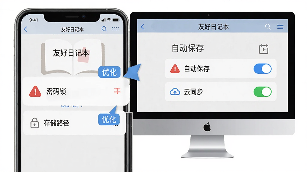 一部手机和一台电脑同时显示“友好日记本”的设置界面,手机端突出“密码锁”和“存储路径”选项,电脑端突出“自动保存”和“云同步”开关,布局为左右对比,风格为扁平化教程图解,细节包括红色警示图标和蓝色优化标签,画质清晰干净,无多余元素