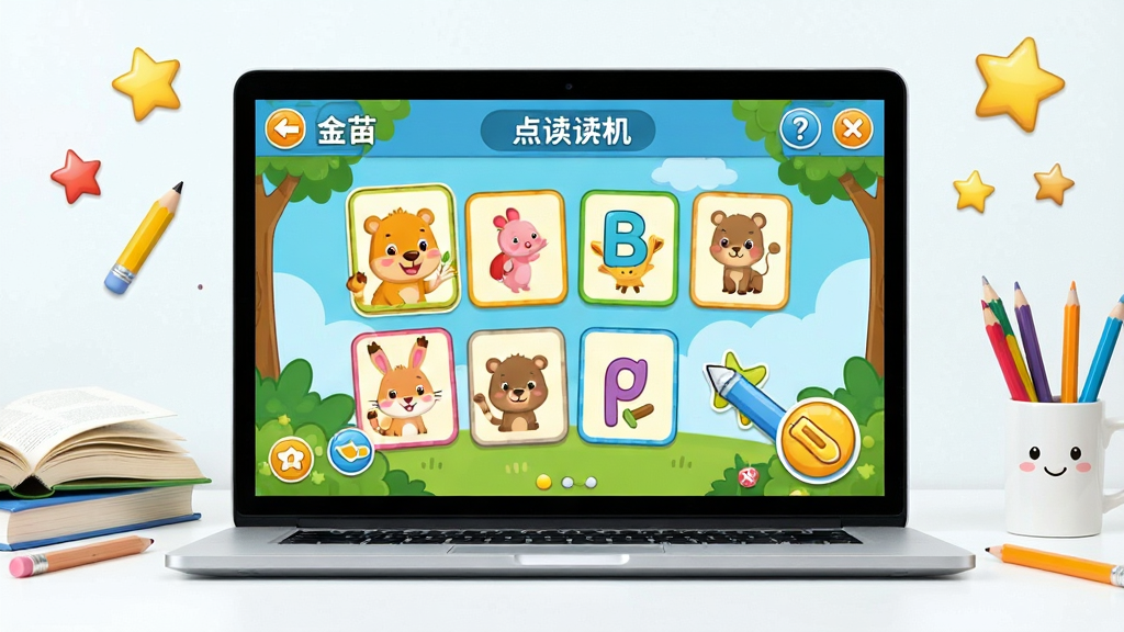 一张展示金苗电脑点读机软件界面的图片,画面主体是一台打开的笔记本电脑,屏幕上显示着色彩鲜艳的儿童点读学习界面,包含卡通动物、字母卡片和点读笔图标。布局采用居中构图,电脑屏幕占据画面核心位置,周围环绕着书本、铅笔和星星装饰元素。排版整洁有序,风格为卡通教育风,细节上屏幕内文字清晰可辨,画面干净明亮,画质为高清2K,无多余杂乱元素。