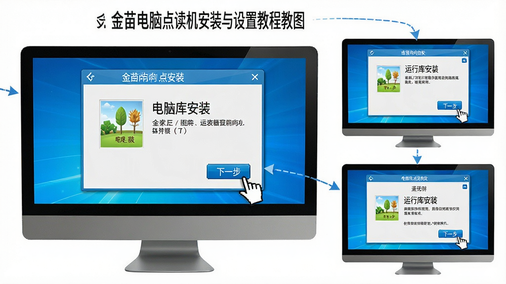 一张金苗电脑点读机安装与设置教程示意图,画面展示电脑屏幕上显示安装向导界面和运行库安装提示,旁边有鼠标指针点击“下一步”按钮。布局为步骤式截图拼贴,排版清晰,风格为教程图解风,细节上界面文字可读,按钮高亮,画质为高清2K,画面干净无多余装饰。