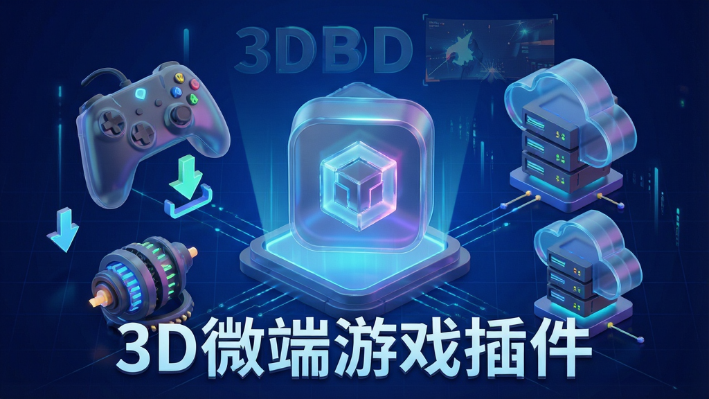 一张展现3D微端游戏插件核心功能的科技感主视觉图,画面中央为发光的立体插件图标,周围环绕着游戏手柄、下载箭头、加速引擎与云端服务器模块,背景为深蓝色渐变与网格光线,整体布局居中对称,风格为现代科技与电竞感结合,细节包含半透明玻璃质感与霓虹光效,画质清晰锐利,干净无多余元素,图中带有文字“3D微端游戏插件”