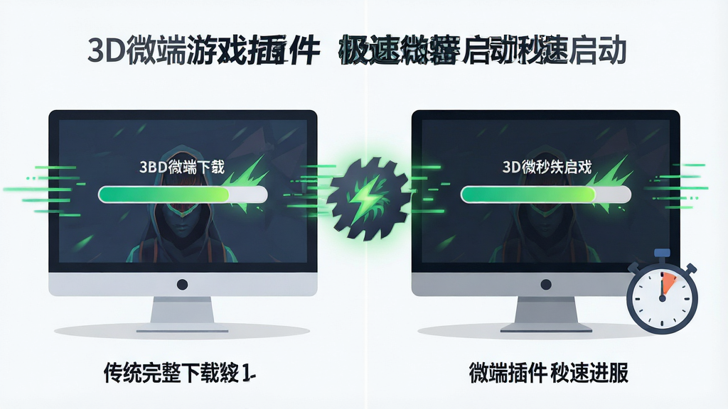 一幅展示极速微端启动功能的场景图,主体为电脑屏幕显示游戏加载进度条瞬间完成,旁边有加速引擎图标与计时器,布局为左右对比式,左侧为传统完整下载进度缓慢,右侧为微端插件秒速进服,风格为扁平化科技插画,细节包含绿色光效与速度线条,画质清晰,干净无多余元素,图中带有文字“3D微端游戏插件 极速启动”